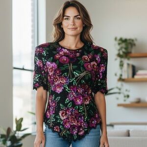 Laurence Kazar 80s Vintage Blouse Size Large 100% Silk Sequin Beaded Accents